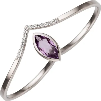 Produktbild von Ring Damenring für zwei Finger mit Amethyst-Navette Zirkonia, 333 Gold Weißgold Innenumfang 52mm  Ø16.6mm