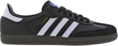 A side view of a black Adidas Samba sneaker with white stripes and accents.