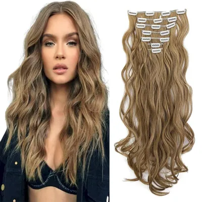 Immagine prodotto di Extension per capelli da applicare con clip, set da 7 pezzi, 16 clip, ondulati, 50 cm, biondo platino e castano cenere