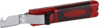 A red and black wire stripper tool is shown against a white background.