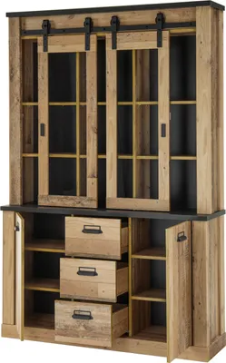 A buffet cabinet with sliding glass doors and drawers.
