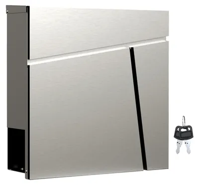 Produktbild von Wiltec Designer Briefkasten V23 Edelstahl 370 x 102 x 370 mm, Wandbriefkasten mit Schloss und Zeitungsrolle, Postkasten aus Stahl