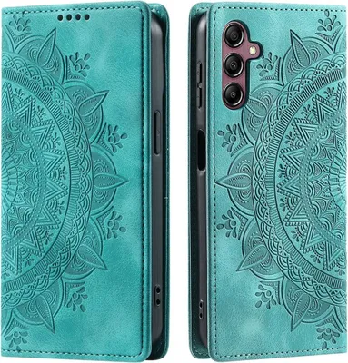 A teal flip case for a Samsung Galaxy A15 phone, decorated with a mandala pattern, is shown from two angles.