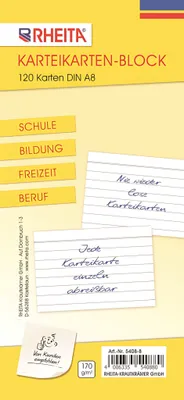 Produktbild von Rheita Karteikartenblock, liniert, DIN A8, 170g/m², 120 Karten,