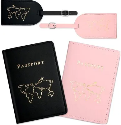Immagine prodotto di Custodia per passaporto - Custodia protettiva per passaporto e portafoglio - Con etichetta da viaggio - Rosa e nero - 2 pezzi
