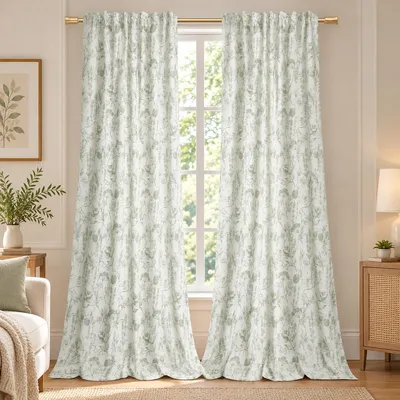 Produktbild von Vorhang Halbtransparent Blumenmuster Voile mit Kräuselband Gardinen Dekoschal für Wohnzimmer Schlafzimmer Kinderzimmer, Grün, B132xH160cm