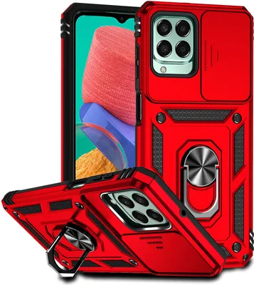 Produktbild von Galaxy M33 Hülle mit Schiebe Kamera Schutz und Ringhalter Ständer Robust Rüstung Schutzhülle für Samsung Galaxy M33 Rot