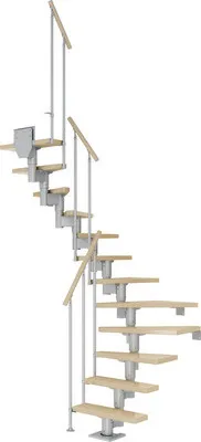 Produktbild von Pertura Mittelholmtreppe Spiros Ahorn Leimholz Perlgrau 1/2-gewendelt 65 cm 14 Stufen / 15 Steigungen Stabgeländer Grau