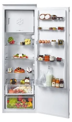 An open refrigerator with shelves filled with food items.