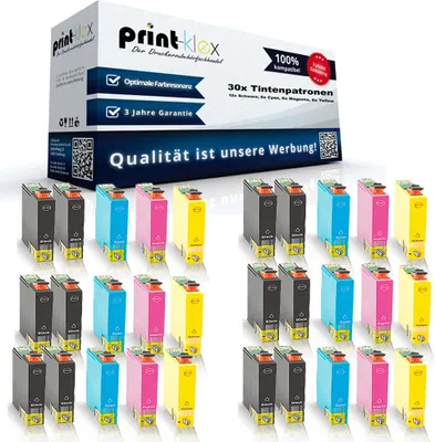 A collection of ink cartridges arranged in front of a product box.