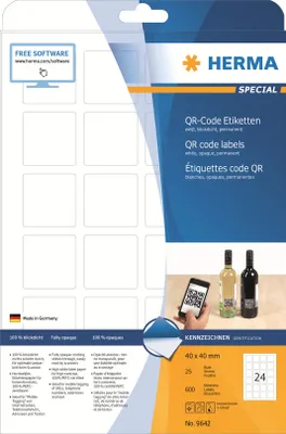 Produktbild von QR-Code Etiketten A4 40x40 mm quadratisch weiß Papier matt blickdicht 600 St.