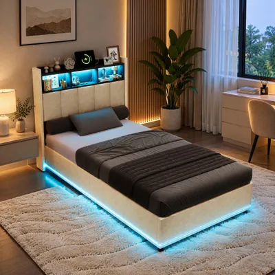 Productafbeelding van INONEFT Gestoffeerd bed 90x200 cm met USB-poort, eenpersoonsbed voor jongeren met lattenbodem, bed met opbergruimte en LED-verlichting, hydraulisch boxspringbed, kinderbed, fluweel, beige