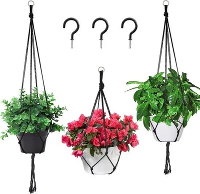 Imagen del producto de Juego de 3 macetas colgantes de macramé Unyqoos® – macetas colgantes de algodón , tejidas a mano, incluye 3 ganchos para colgar, 70/93/115 cm, decoración bohemia para interiores y exteriores