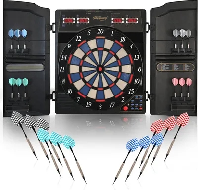 Produktbild von Physionics® Elektronische Dartscheibe-27 Spiele/159 Spielvarianten/inkl. 12 Dartpfeile/100 Ersatz-Pfeilspitzen und Netzteil/16 Spieler/LED-Dartboard