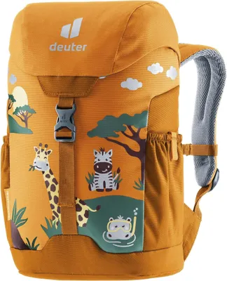 A children's backpack with a safari animal theme.
