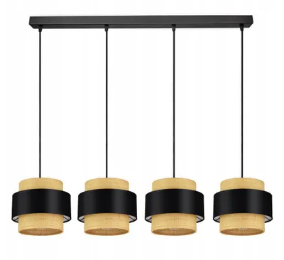 Zdjęcie produktu dla LUXOLAR Lampa wisząca 4-punktowa E27 LED 60W czarna, rattan - Lampa wisząca sufitowa z rattanowym abażurem - idealna do salonu, sypialni, biura