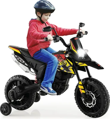 Produktbild von COSTWAY 12V detská elektrická motorka s tréningovými kolieskami, detská motorka Aprilia s hudbou a svetlometom, 5,5-6 km/h, vhodná pre deti od 3 do 8 rokov (čierna)