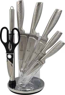 Image de Set de couteaux 9 pièces  Bloc à couteaux en acier inoxydable avec ciseaux et fusil à aiguiser  Couteaux de cuisine professionnels Bordeaux – Royal Swiss