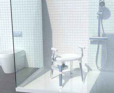 Produktbild von "Dusch- und Badehocker mit Armlehnen und schwenkbarer Ablage"