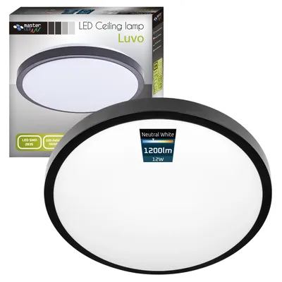 A product shot of a round LED ceiling lamp, with its packaging in the background.