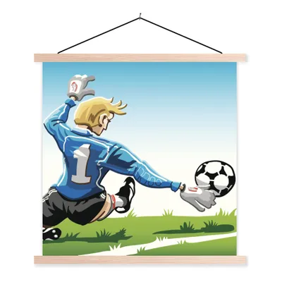 Produktbild von MuchoWow® Textilposter Eine Illustration eines Torwarts, der den Fußball stoppt - Jungen - Mädchen - Kinder 40x40 cm mit holzfarbenen Rahmen - Posterleiste