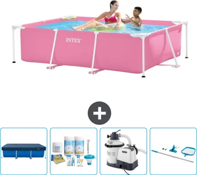 Produktbild von Intex-Schwimmbecken mit rechteckigem Rahmen – 220 x 150 x 60 cm – Rosa – im Lieferumfang enthalten Abdeckung - Wartungspaket - Filterpumpe für Schwimmbad - Reinigungskit