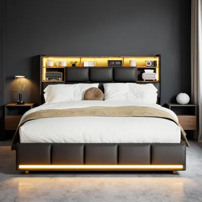 Zdjęcie produktu dla Łóżko tapicerowane UnboxG 160x200 cm z oświetleniem LED, funkcją ładowania USB i schowkiem gazowym, czarne, PU