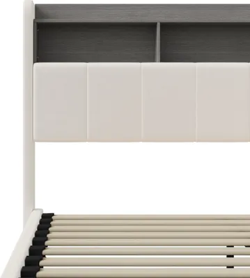 Produktbild von CDGlobal Polsterbett Massivholzbett 140x200cm mit USB, Jugendbett Doppelbett mit Lattenrost und Stauraum, Stauraumbett mit LED, Weiß