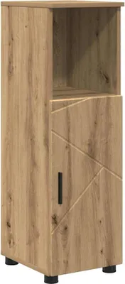 A tall, narrow cabinet with a wood-grain finish and a single door with a geometric design.
