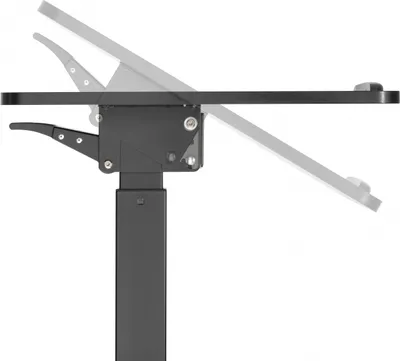 A close-up side view of a black adjustable laptop stand on a white background.