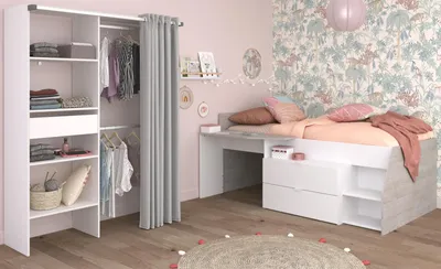 Produktbild von Kinder- und Jugendzimmer "Milky21" in weiß und grau, Stauraumbett und Kleiderschrank