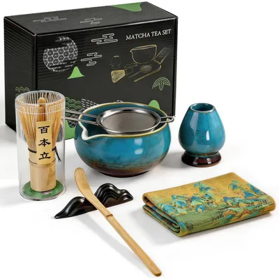 Zdjęcie produktu dla Zestaw do parzenia matcha, 8-elementowy, z ceramiczną miską, bambusową trzepaczką (chasen), uchwytem, łyżeczką, sitkiem i ściereczką (niebieski, styl retro)