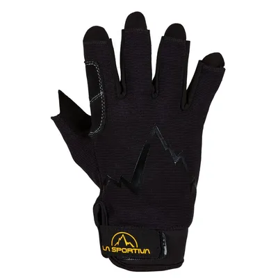Schwarze Kletterhandschuhe von La Sportiva mit einem grafischen Muster und einem verstellbaren Klettverschluss.