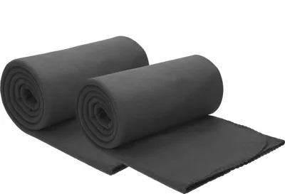 Two rolled-up dark gray fleece blankets are shown on a white background.
