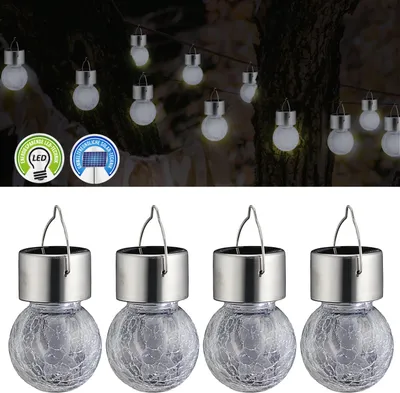 Produktbild von Solarleuchte Crackle klar 4er Set 8x13cm Glas Edelstahl Plastik Leuchtkugel Akku warmweiß Solarlampe