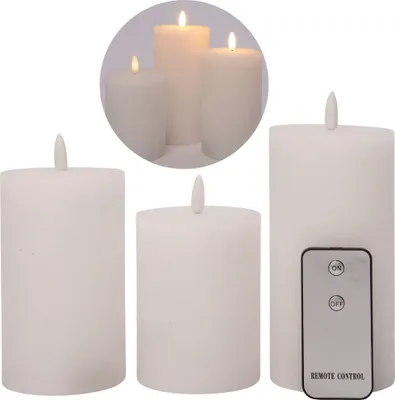 Produktbild von 3er Set Led Kerzen 7,5cm ø Kerze flackernde Flamme mit Fernbedingung WEISS 15 cm + 12,5 cm + 10 cm Höhe, LED Kerzen mit Timerfunktion, 3 AAA Batterien nötig, LED Echtwachs Stumpenkerzen warmweiß