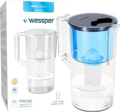 Zdjęcie produktu dla Dzbanek filtrujący wodę Wessper 2,5 l Kompatybilny z filtrem Brita Classic, system filtracji wody redukujący kamień, chlor i filtr wody niebieski