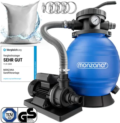Image de MONZANA® Pompe filtre à sable 10,2 m³ auto-amorçante piscines 35 m³ 25kg verre filtrant vanne 7 voies raccord 2en1 Ø32-38mm système de filtration à sable
