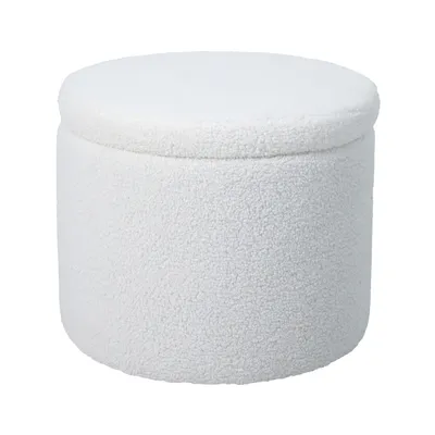 A white, round storage ottoman made of teddy fabric, shown against a white background.