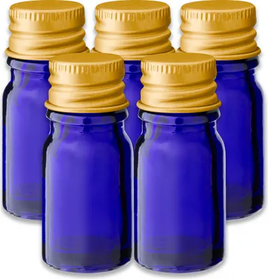 Produktbild von 5x Blaue Glasflasche 5 ml mit goldenem Aluminium Schraubverschluss
