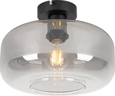 A close-up view of a black and clear glass ceiling light fixture.