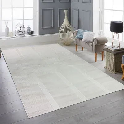 Produktbild von Recycle Wohnzimmerteppich Schlafzimmer mit modernen ovalen Formen liniert in beige Größe - 80 x 150 cm