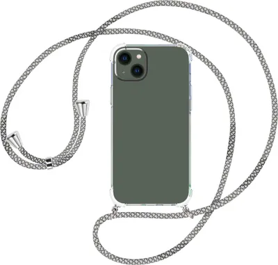 Produktbild von Handykette Backcover-Schutzhülle mit Band (Metall silberfarben) für Apple iPhone 15 Plus - weiß/grau kariert