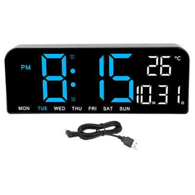 Obrázek produktu pro Digitální budík s velkým LED displejem, teplota, datum, den v týdnu, nastavitelný jas, 12/24H displej pro ložnici, kancelář, modrá barva