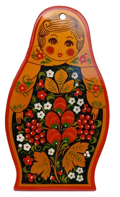 A hand-painted wooden Matryoshka doll shaped cutting board.