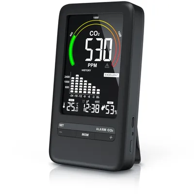Produktbild von Brandson CO2 Messgerät, Kohlendioxidmessung, Luftqualität Melder, Warnmelder Gasmelder (Alarm, Wecker, Temperatur, Uhrzeit, Luftfeuchtigkeit, eingebauter Akku)