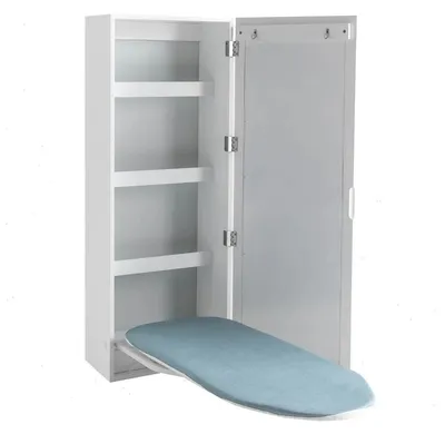 Produktbild von Bügelbrett - Wand- und Türmontage-Schrank - Klappbare Platte - 180° schwenkbar - Ablagen mit Haken - Platzsparend - Weiß