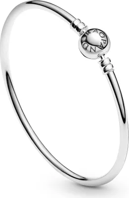 A silver Pandora bracelet with a clasp featuring the Pandora logo.