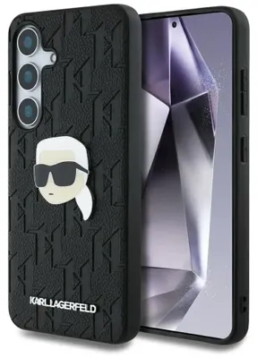 Zdjęcie produktu dla Karl Lagerfeld, skórzany monogram, klips, logo, Karl Head, etui do Samsung Galaxy S25, czarny
