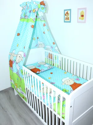 Produktbild von 4 teiliges Baby Bettset Bettwäsche mit Himmel Vollstoff - Bettausstattung - ON- 22. Schaf Türkis